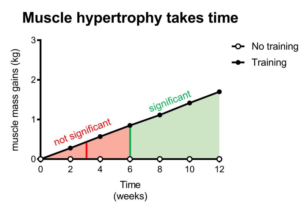 Statistical power. Figure 2. Muscle hypertrophy is a slow process. Therefore, it can take weeks before you can statistically show a difference between a training and non-training group. In this example, it takes 6 weeks before a significant difference between the groups could observed (green line). How long it takes before you can observe a significant difference between groups depends on a lot of factors (see next sections).